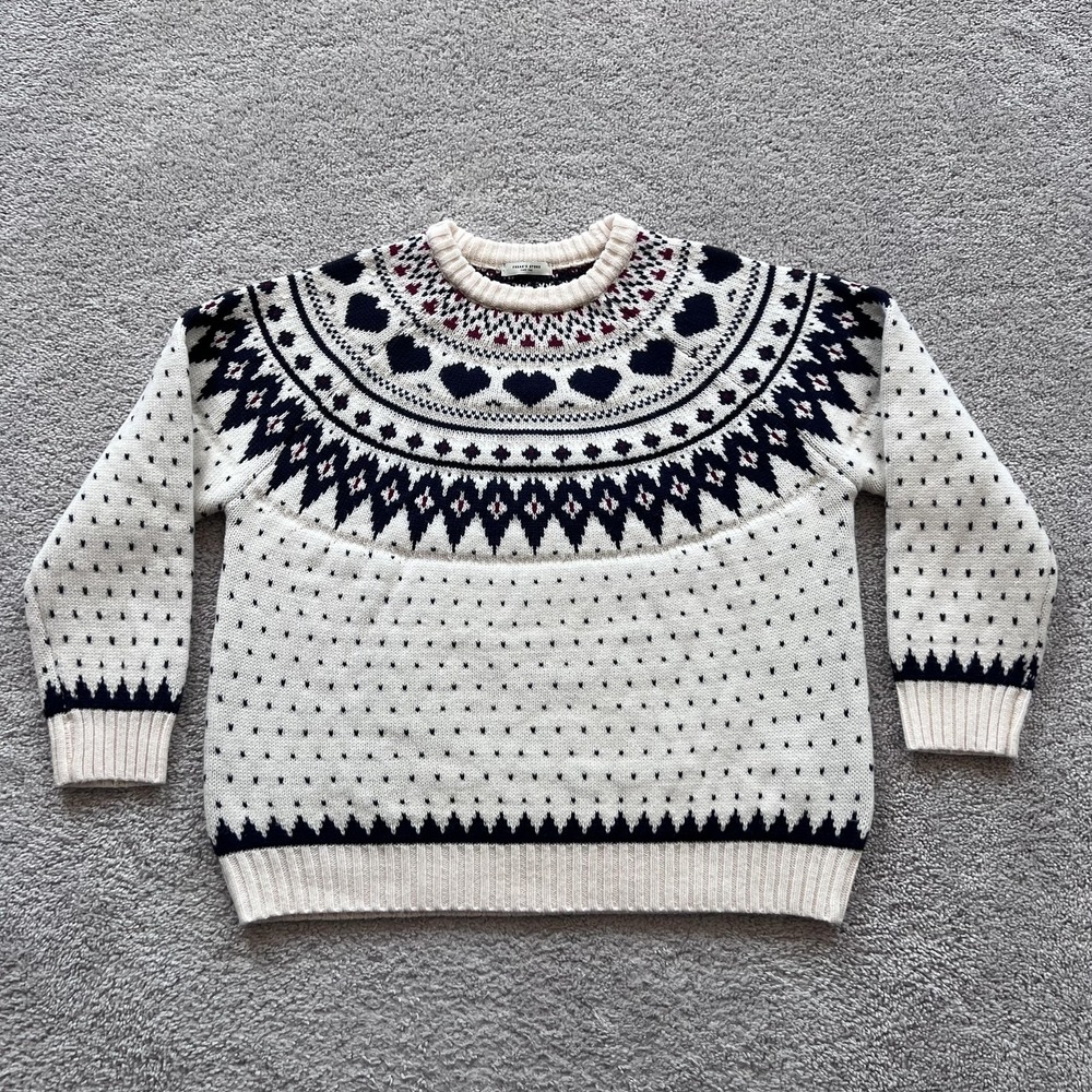 FREAK'S STORE Fair Isle Heart Sweater Womens Size F White Chunky Knit Crewneck